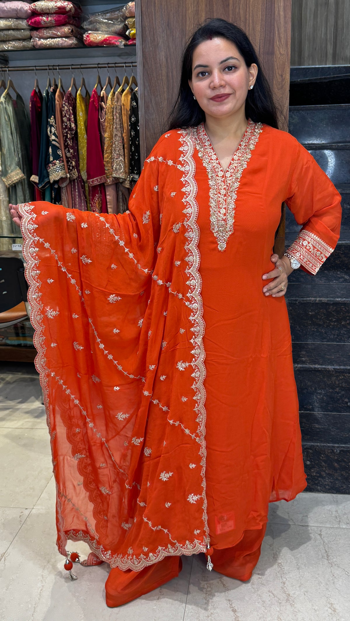 Orange Embroidered Georgette Anarkali Suit – Stitched