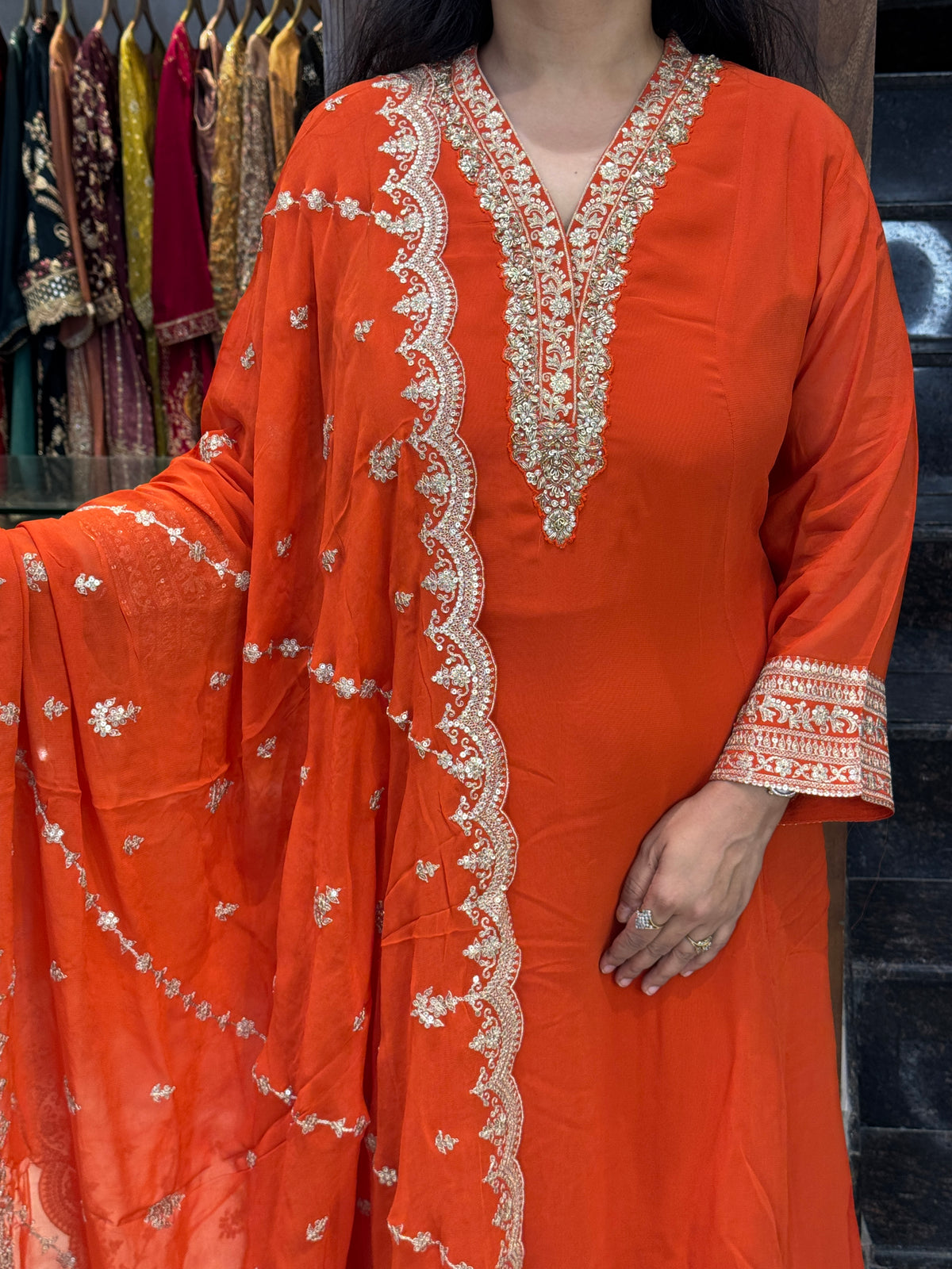 Orange Embroidered Georgette Anarkali Suit – Stitched