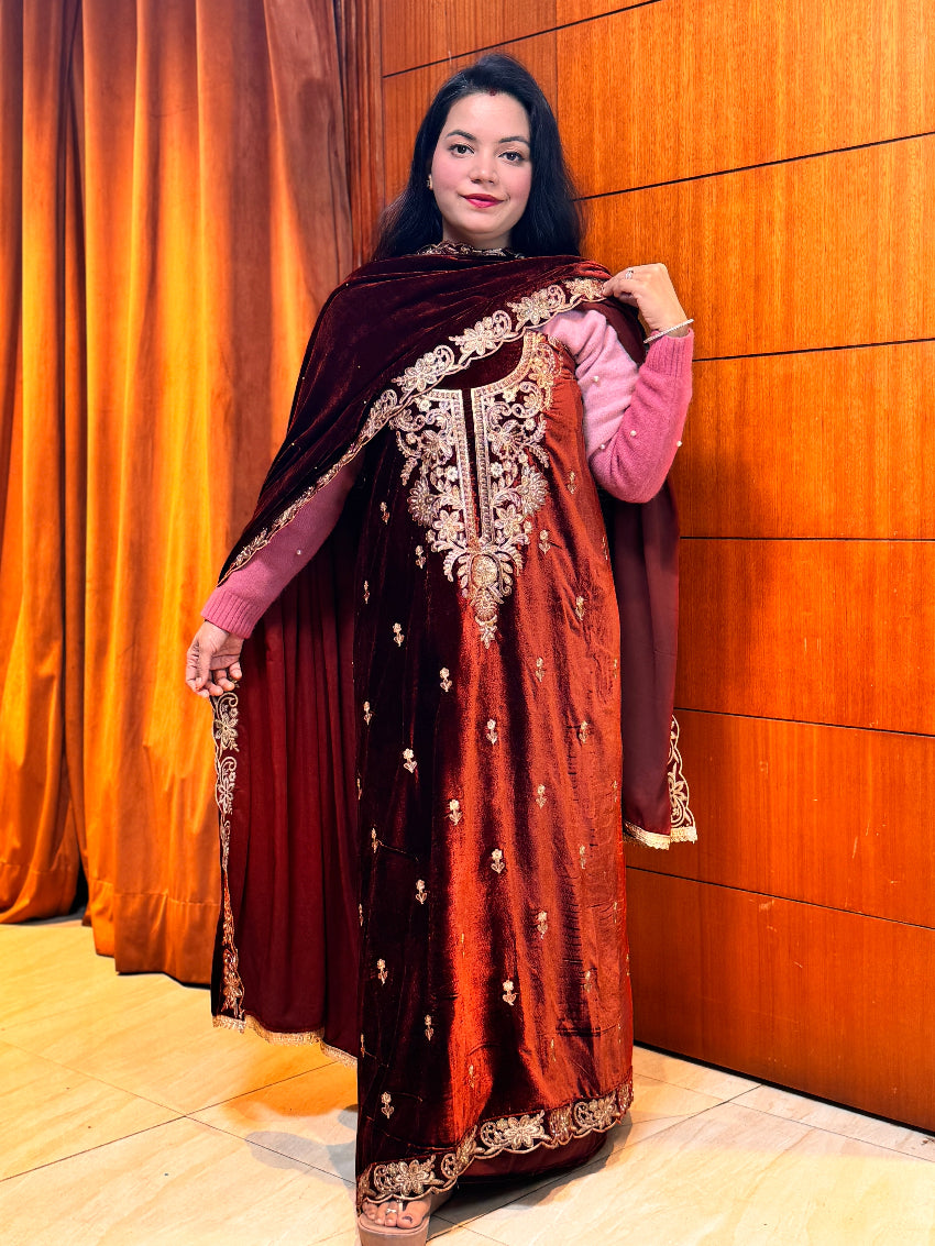 Rust orange Velvet Heavy Embroidered  unstitched suit set with Matching velvet Dupatta