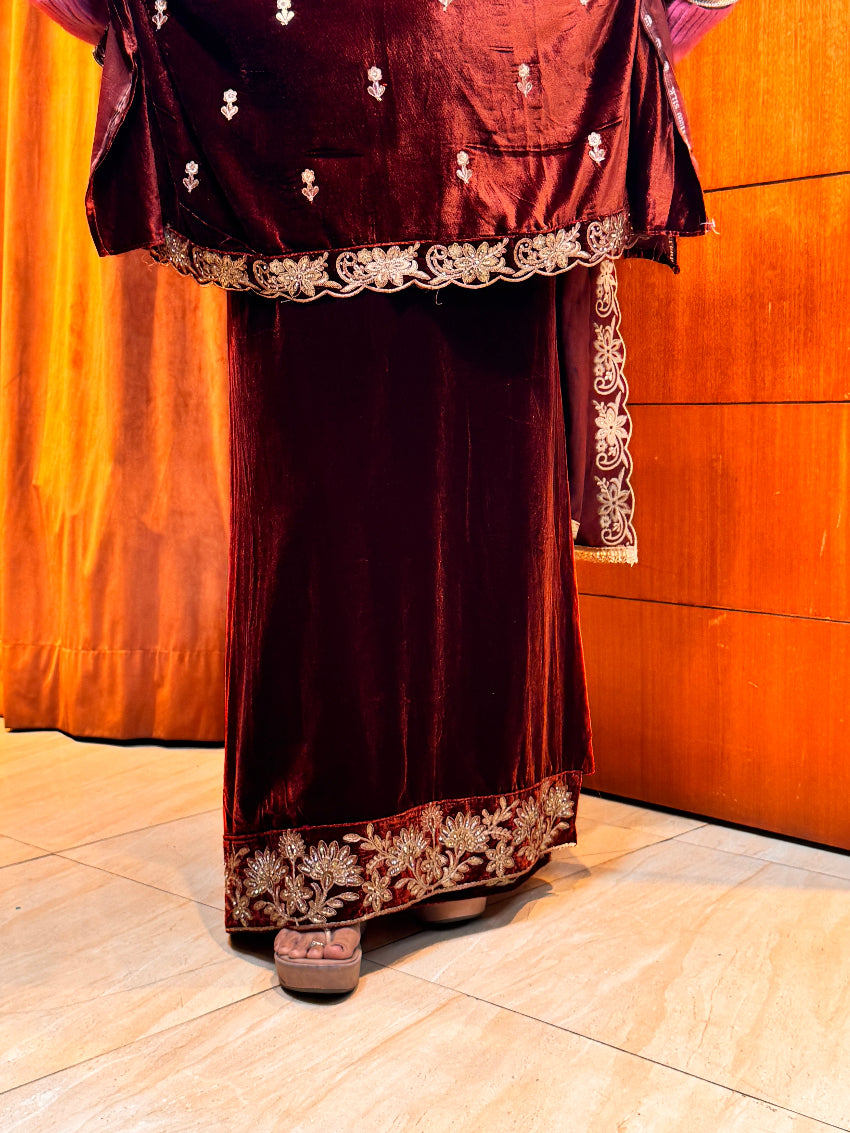 Rust orange Velvet Heavy Embroidered  unstitched suit set with Matching velvet Dupatta