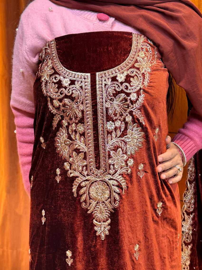 Rust orange Velvet Heavy Embroidered  unstitched suit set with Matching velvet Dupatta