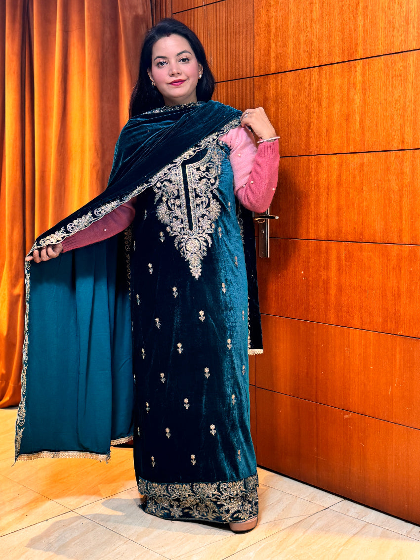Emerald green Velvet Heavy Embroidered  unstitched suit set with Matching velvet Dupatta