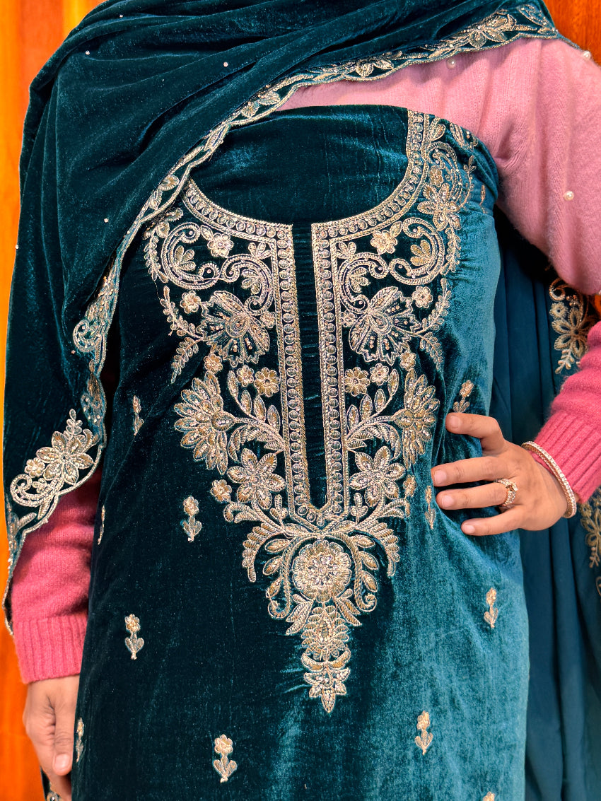 Emerald green Velvet Heavy Embroidered  unstitched suit set with Matching velvet Dupatta