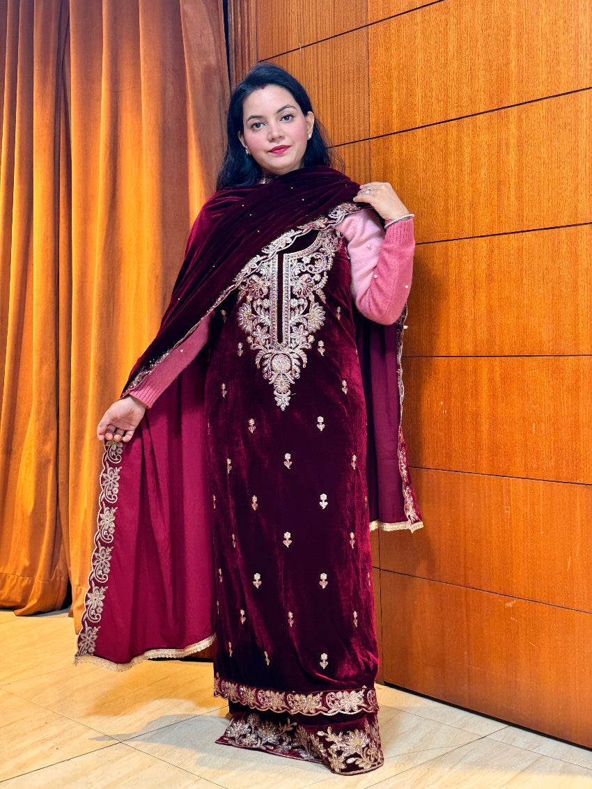 Reddish maroon Velvet Heavy Embroidered  unstitched suit set with Matching velvet Dupatta