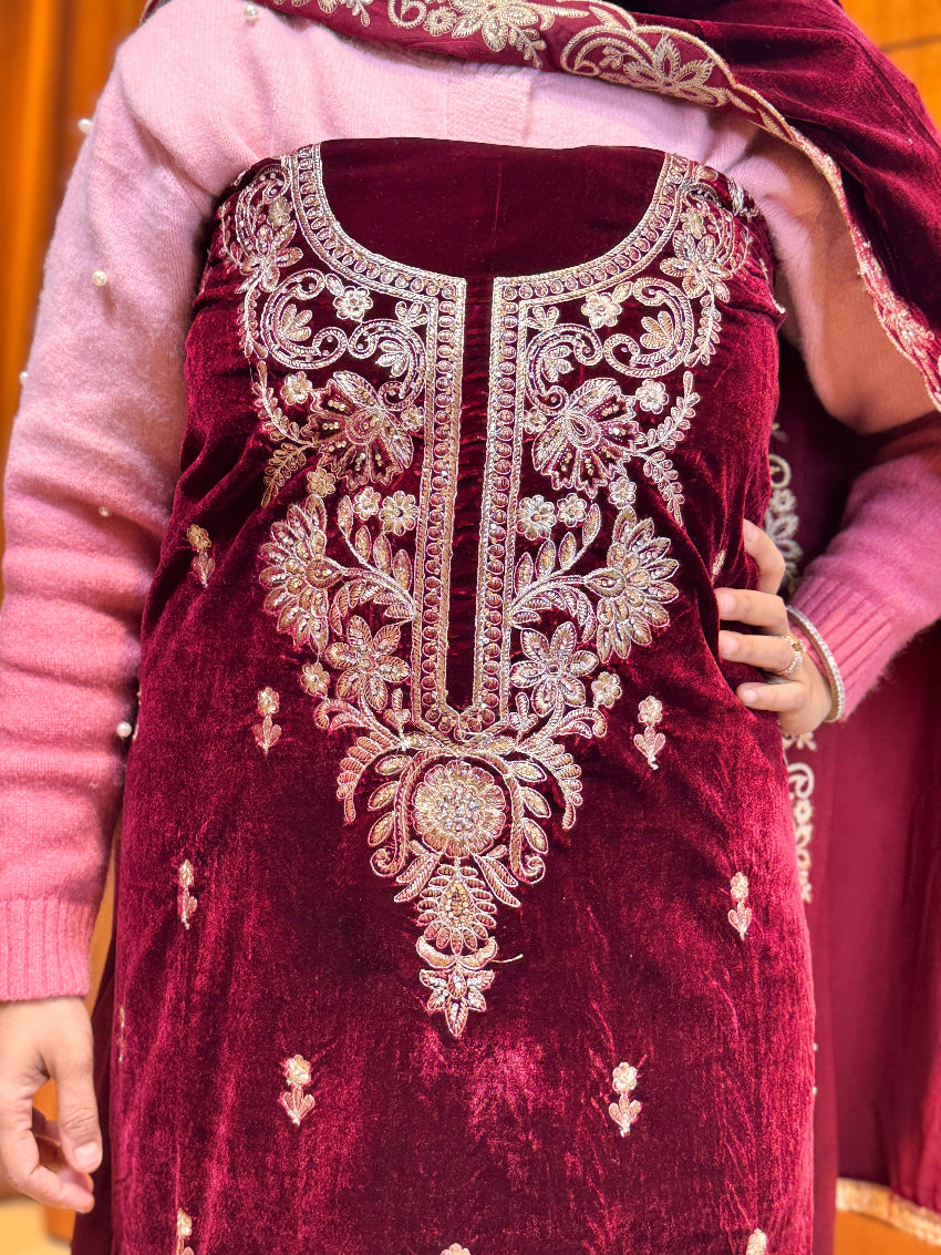Reddish maroon Velvet Heavy Embroidered  unstitched suit set with Matching velvet Dupatta
