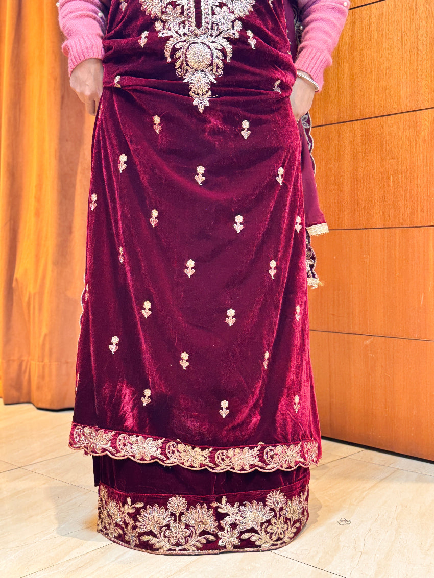 Reddish maroon Velvet Heavy Embroidered  unstitched suit set with Matching velvet Dupatta