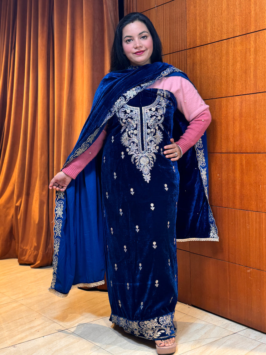 Royal blue Velvet Heavy Embroidered  unstitched suit set with Matching velvet Dupatta