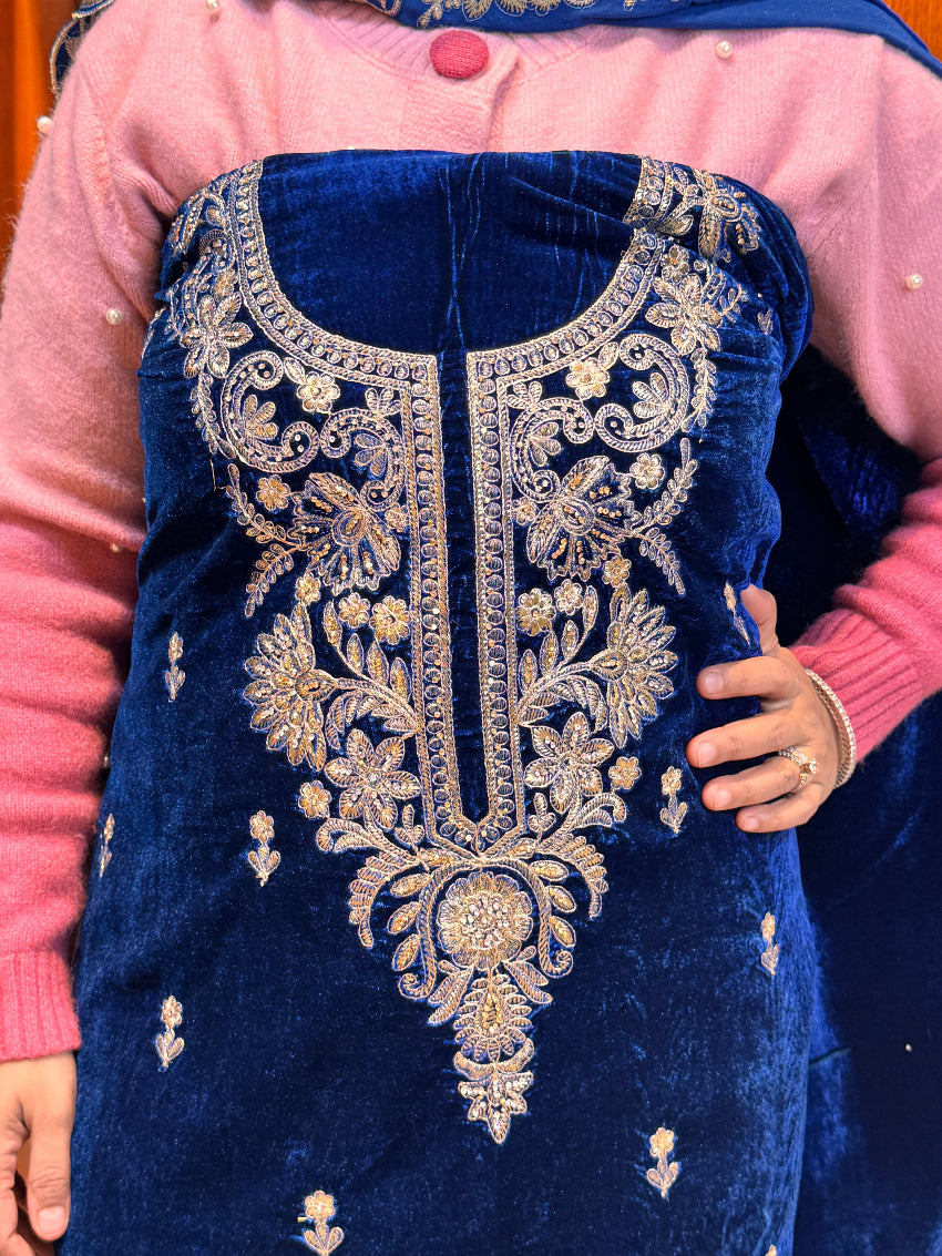 Royal blue Velvet Heavy Embroidered  unstitched suit set with Matching velvet Dupatta