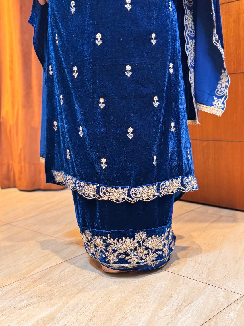 Royal blue Velvet Heavy Embroidered  unstitched suit set with Matching velvet Dupatta