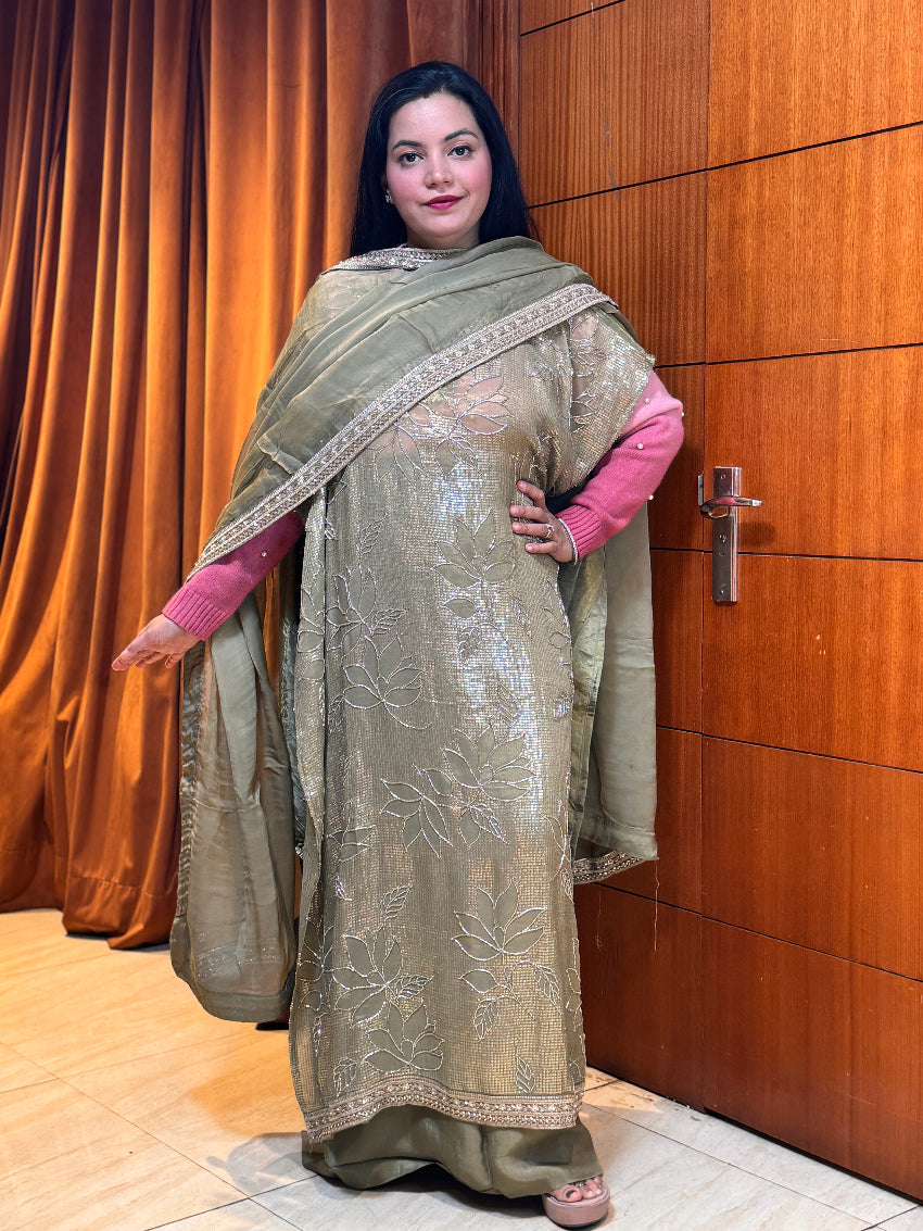 Pista Green Sequin & floral lotus hand Embroidered premium unstitched suit Set with heavy border dupatta