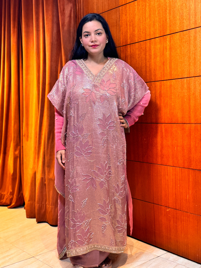 Baby pink Sequin & floral lotus hand Embroidered premium unstitched suit Set with heavy border dupatta