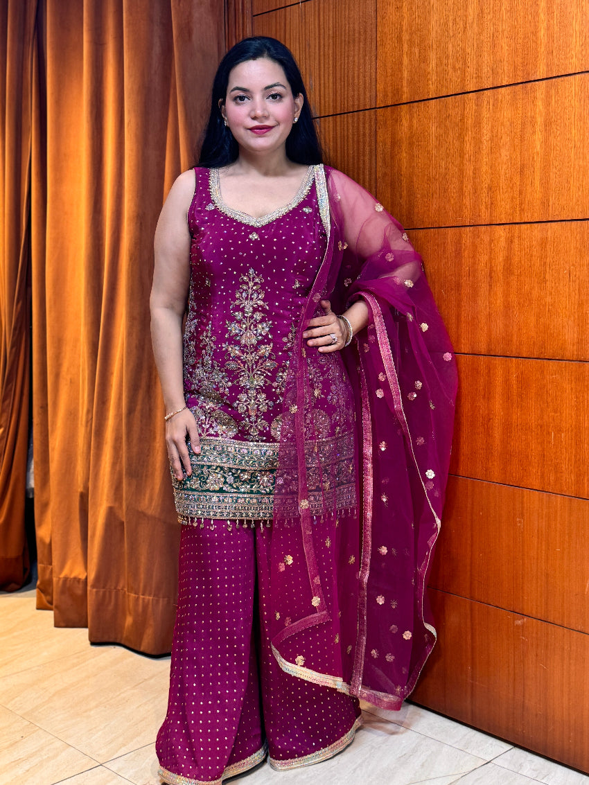 Wine Purple Heavy Embroidered with zari, mirror and stone work Sharara Suit with Matching Dupatta