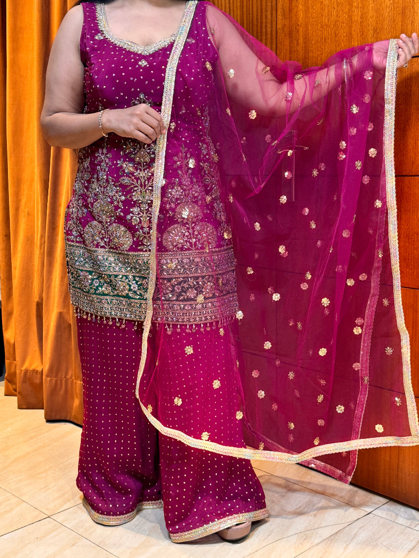 Wine Purple Heavy Embroidered with zari, mirror and stone work Sharara Suit with Matching Dupatta