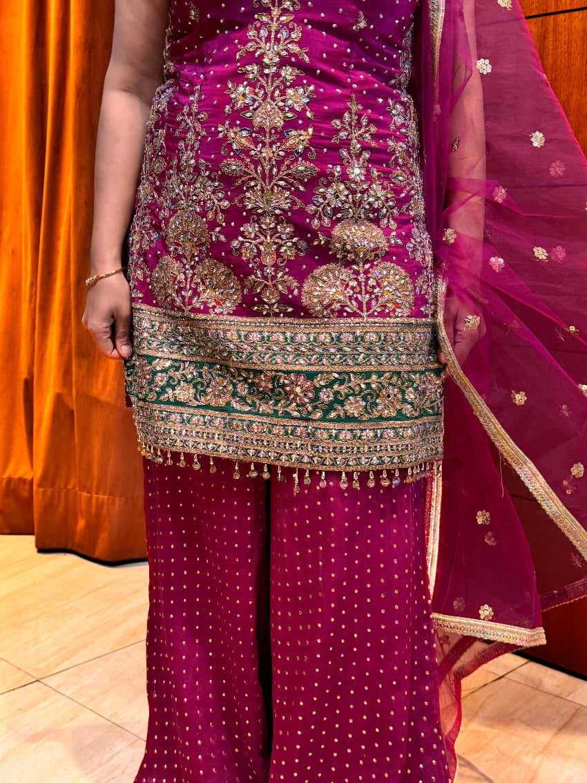 Wine Purple Heavy Embroidered with zari, mirror and stone work Sharara Suit with Matching Dupatta