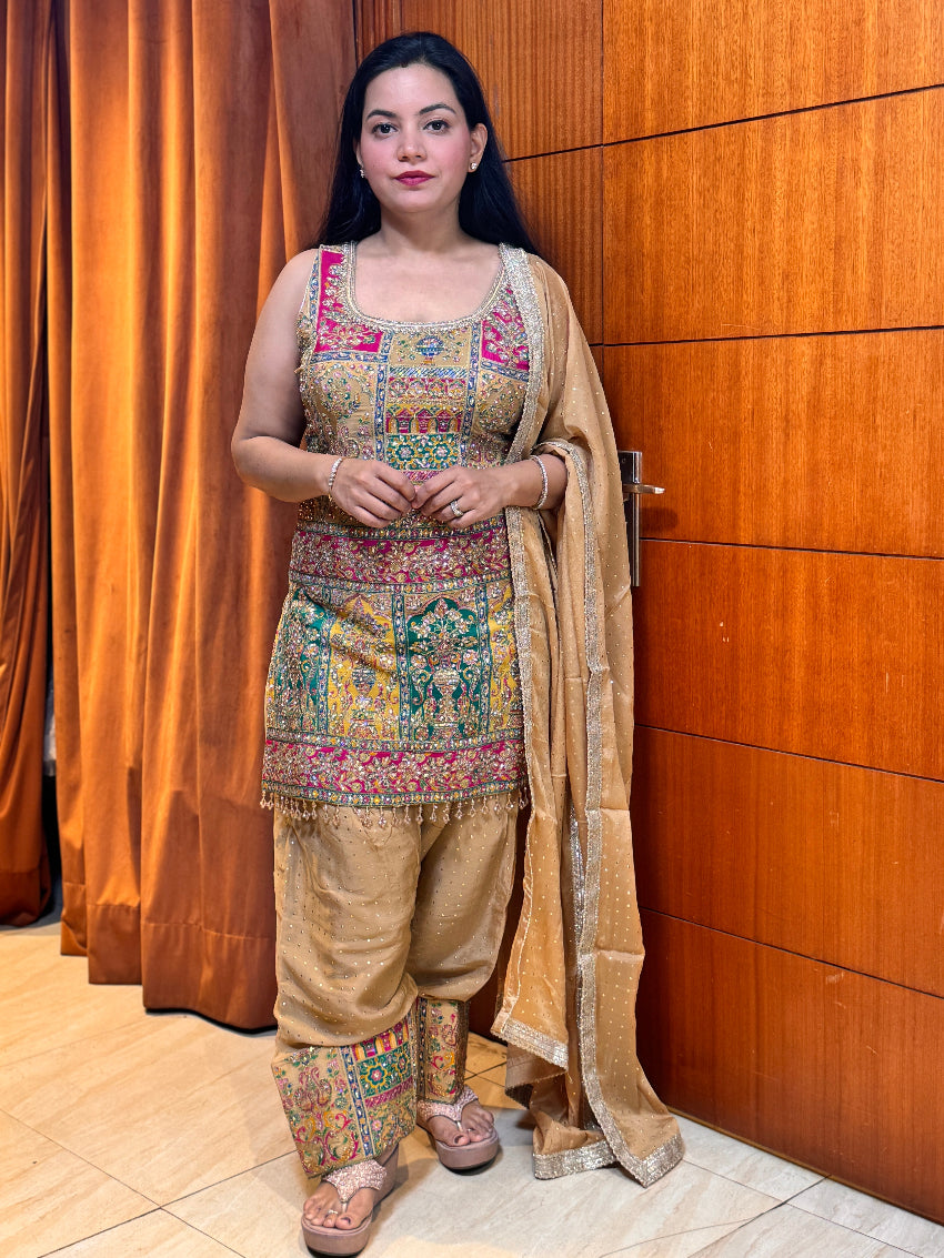 Beige Multicolour Heavy Embroidered Suit set with Farsi salwar and  Matching Dupatta