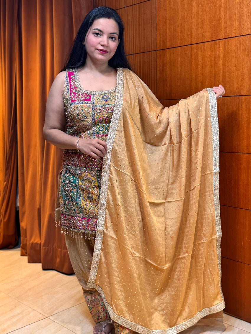 Beige Multicolour Heavy Embroidered Suit set with Farsi salwar and  Matching Dupatta