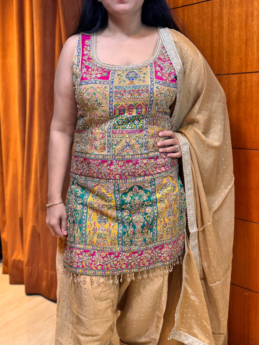 Beige Multicolour Heavy Embroidered Suit set with Farsi salwar and  Matching Dupatta