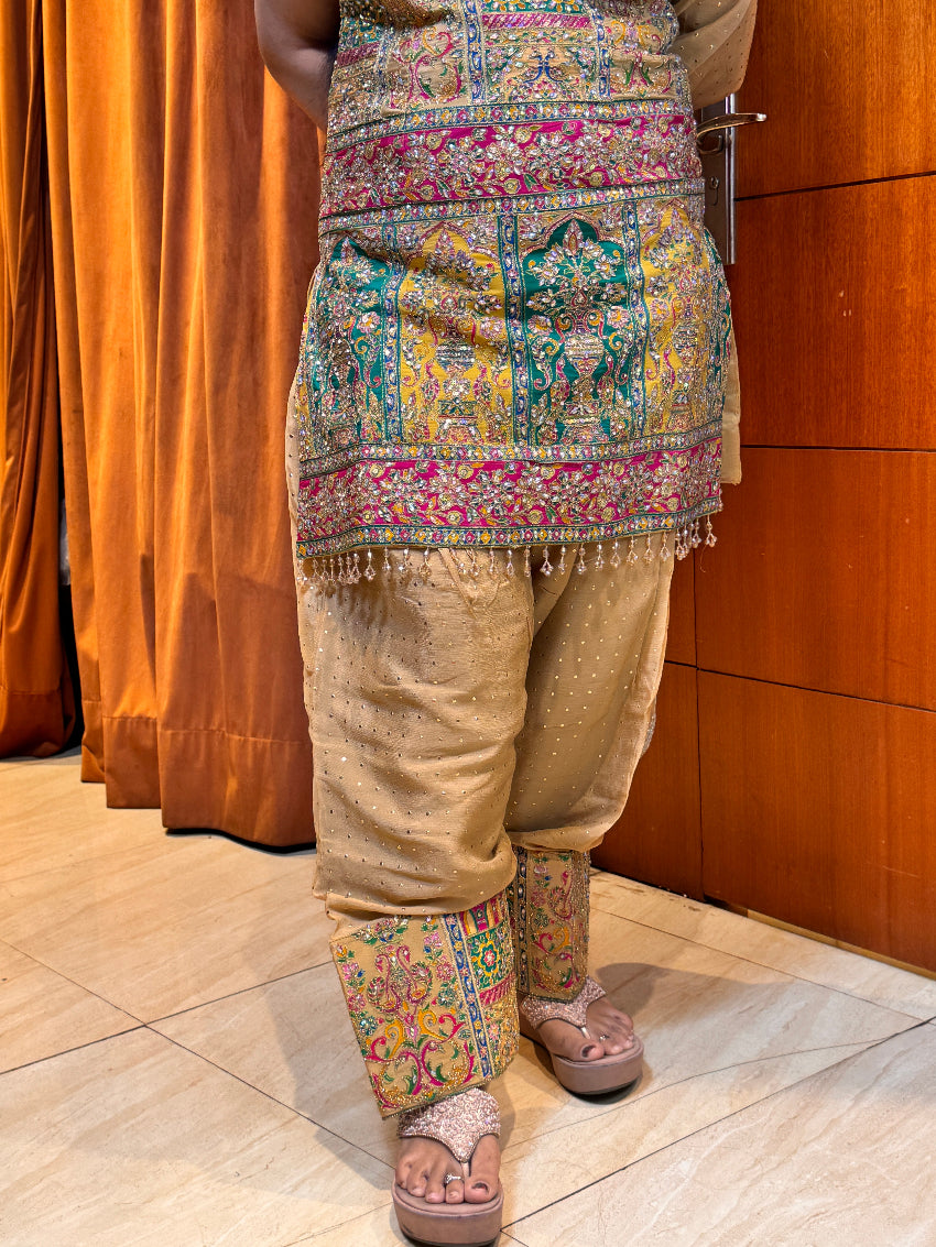 Beige Multicolour Heavy Embroidered Suit set with Farsi salwar and  Matching Dupatta