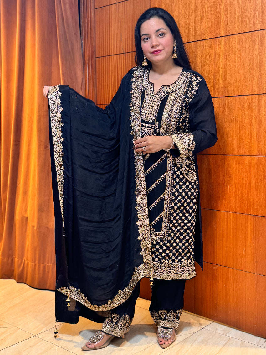 Black Heavily Embroidered designer Straight Suit with heavy palazzo and Matching Dupatta with tassels