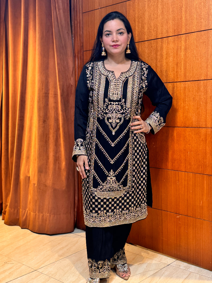 Black Heavily Embroidered designer Straight Suit with heavy palazzo and Matching Dupatta with tassels