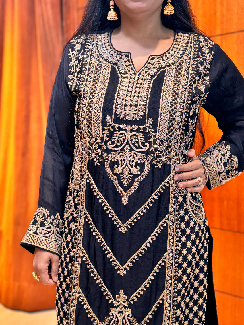 Black Heavily Embroidered designer Straight Suit with heavy palazzo and Matching Dupatta with tassels