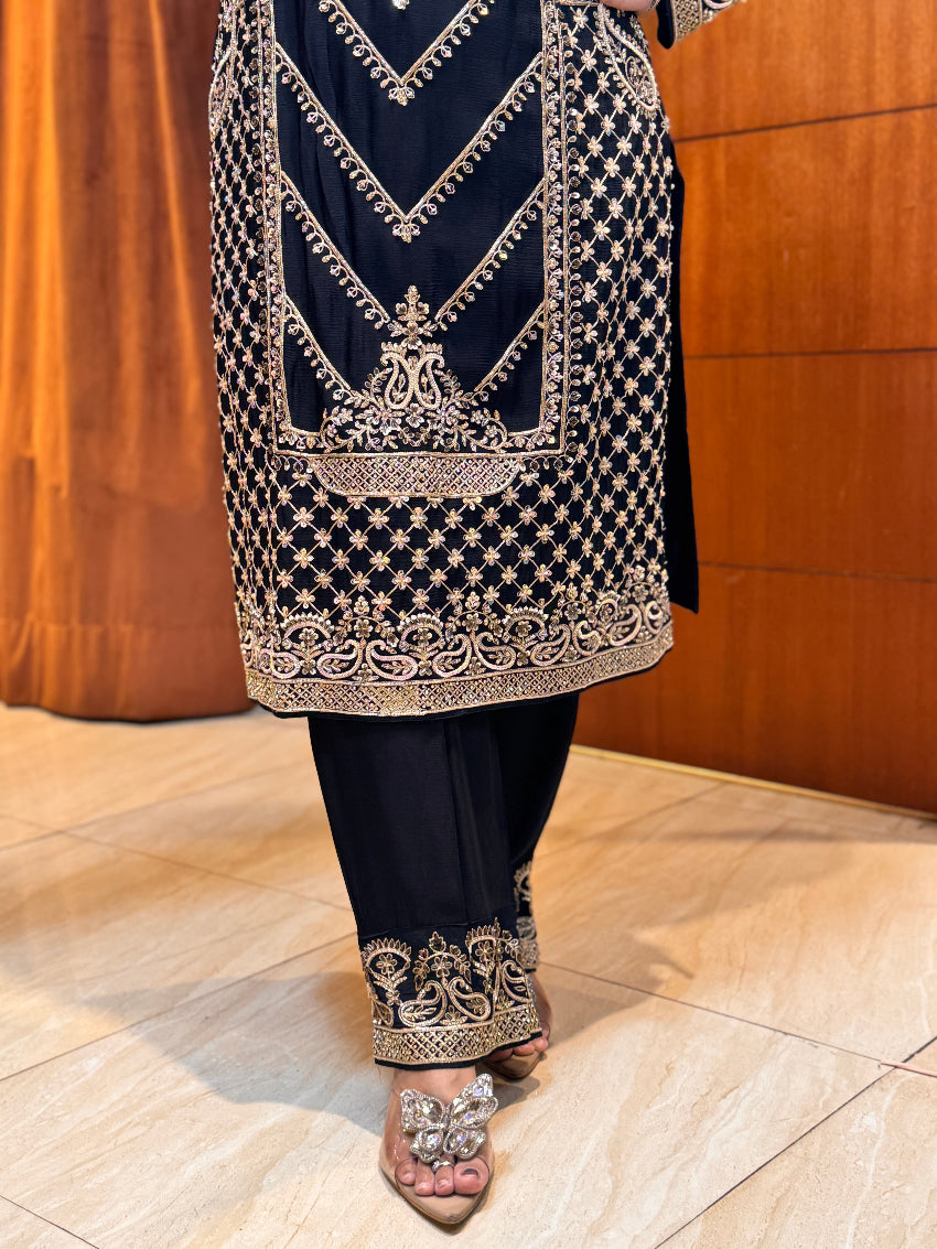 Black Heavily Embroidered designer Straight Suit with heavy palazzo and Matching Dupatta with tassels