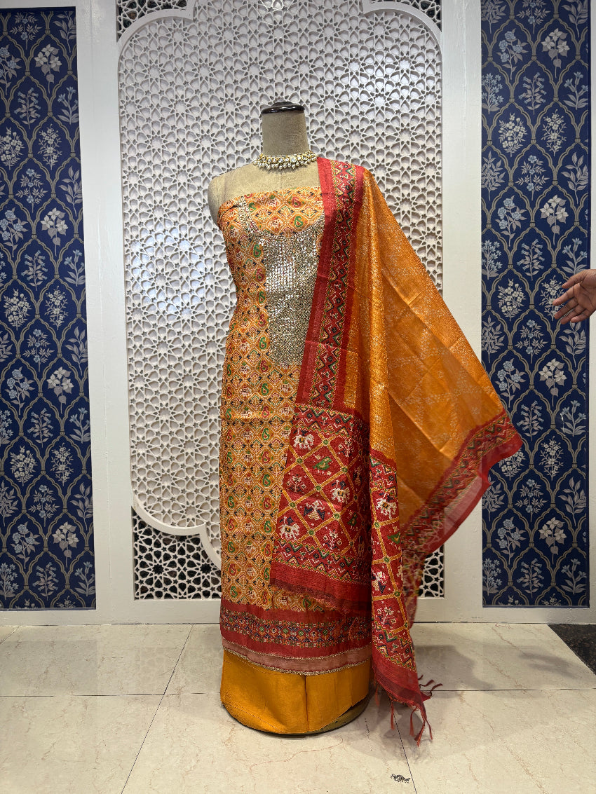 Mustard Patola Maheshwari silk suit