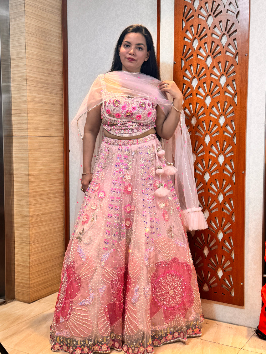 Pastel Pink Floral PDP- inspired designer hand Embroidered Lehenga embellished with pearls, sequins, cut Dana, beads and more