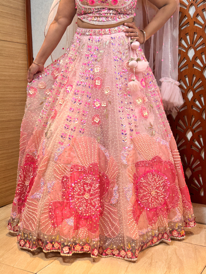 Pastel Pink Floral PDP- inspired designer hand Embroidered Lehenga embellished with pearls, sequins, cut Dana, beads and more