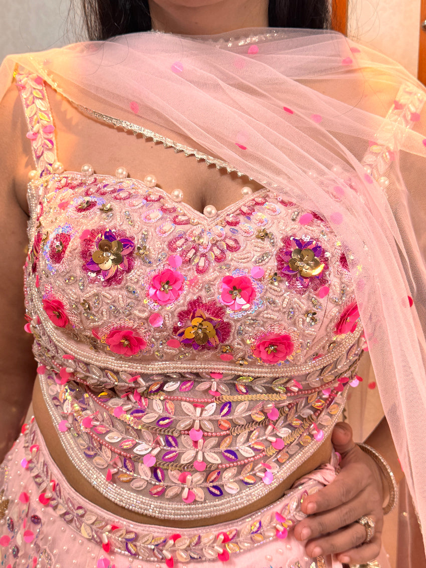 Pastel Pink Floral PDP- inspired designer hand Embroidered Lehenga embellished with pearls, sequins, cut Dana, beads and more