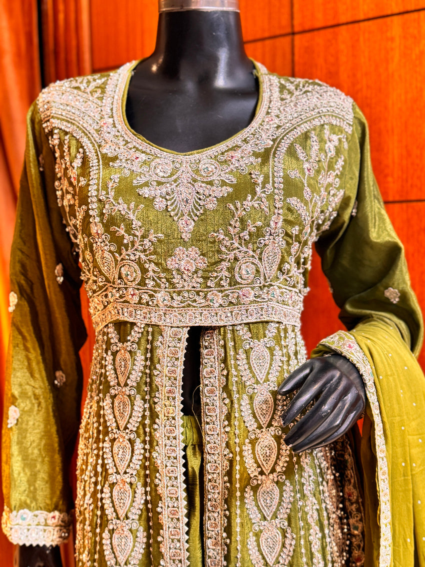 Mehendi green Heavy Embroidered front open Anarkali suit with heavy Sharara and  Matching Dupatta