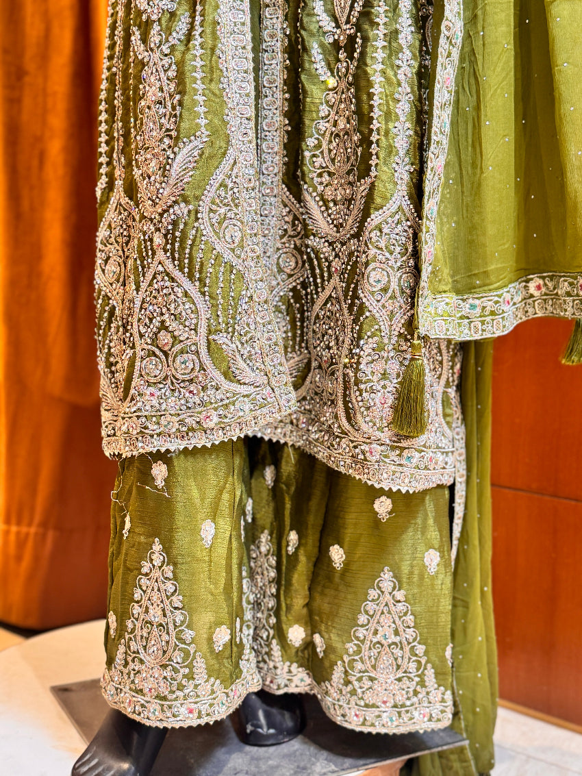 Mehendi green Heavy Embroidered front open Anarkali suit with heavy Sharara and  Matching Dupatta