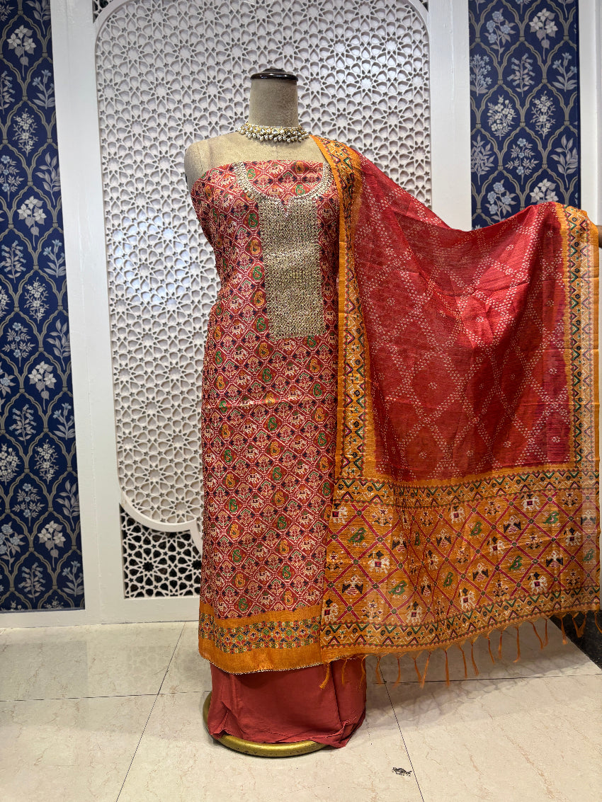 Red Patola Maheshwari silk suit