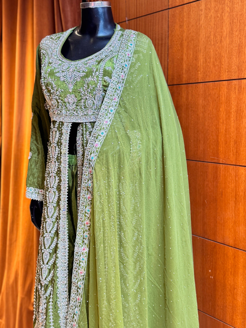 Mehendi green Heavy Embroidered front open Anarkali suit with heavy Sharara and  Matching Dupatta
