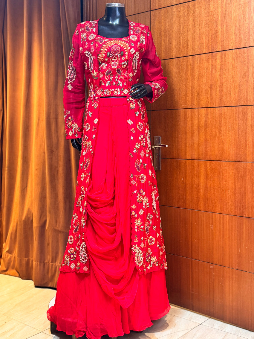 Red heavy multicolor Thread Embroidered Front-Open long Jacket with heavy blouse, belt and drape style skirt