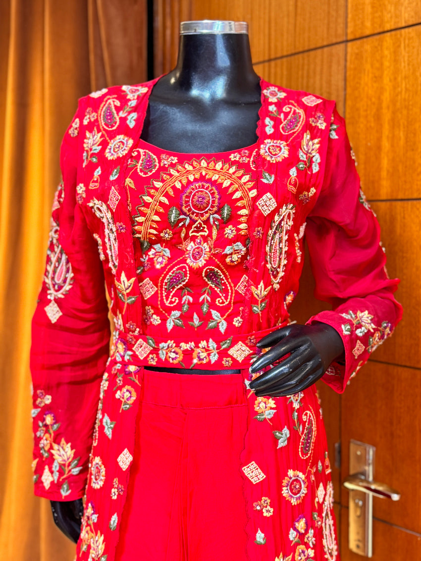 Red heavy multicolor Thread Embroidered Front-Open long Jacket with heavy blouse, belt and drape style skirt