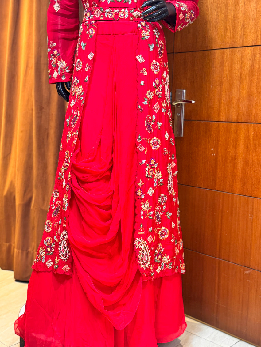Red heavy multicolor Thread Embroidered Front-Open long Jacket with heavy blouse, belt and drape style skirt