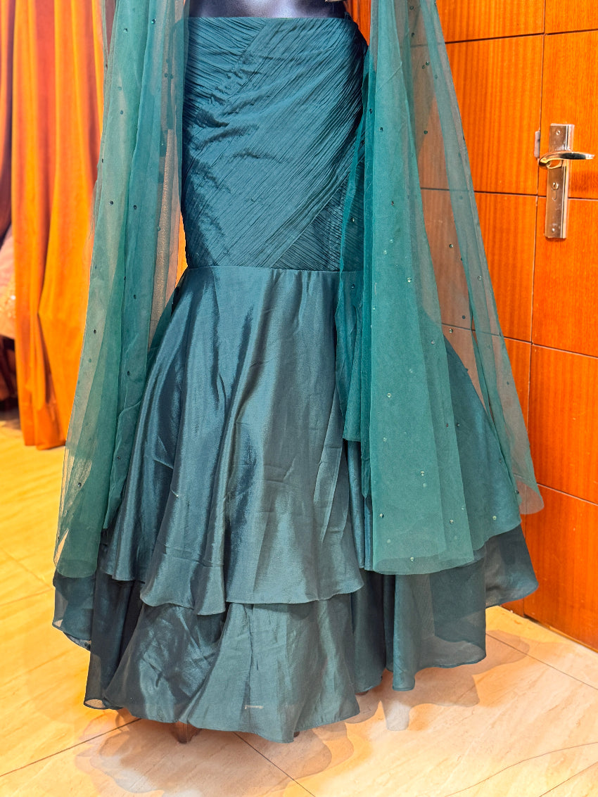 Bottle green Embellished designer bustier and shoulder cape with mermaid lehenga