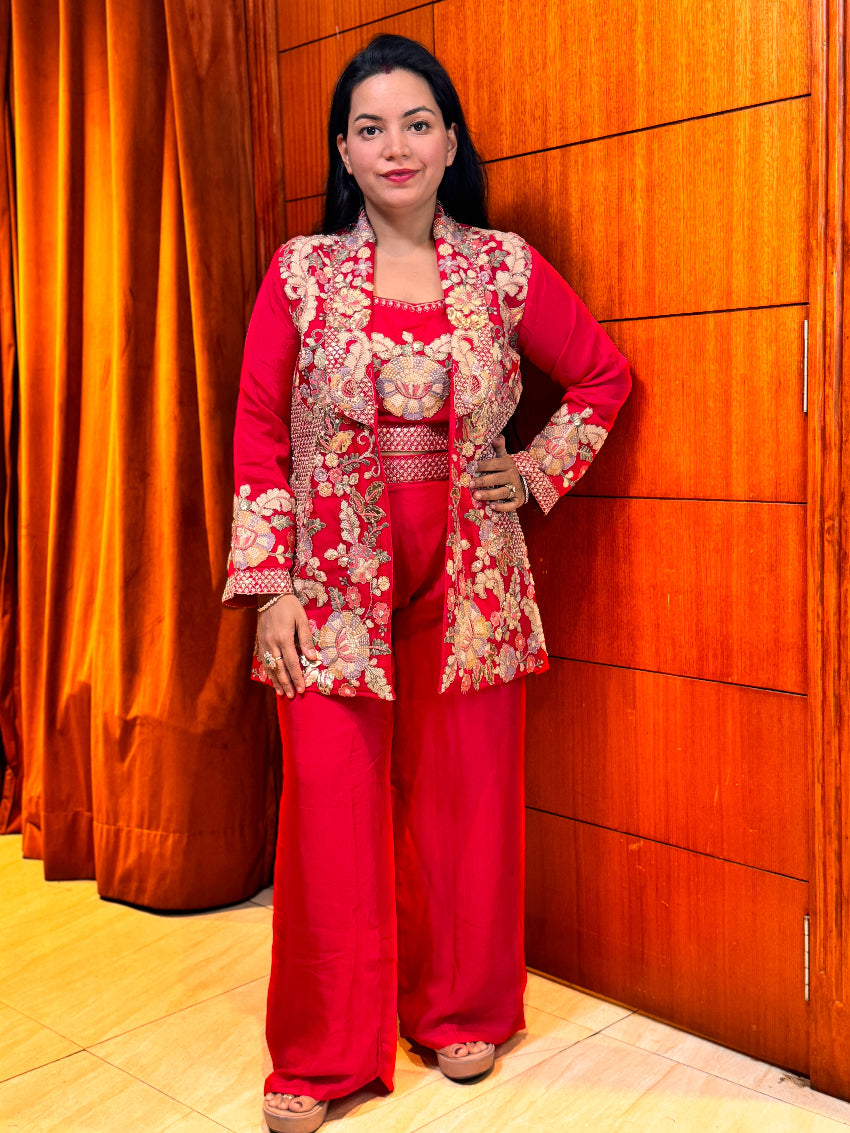 Red Floral Chinon Heavy Coord set with Hand Embroidered Bustier, Jacket and straight pants