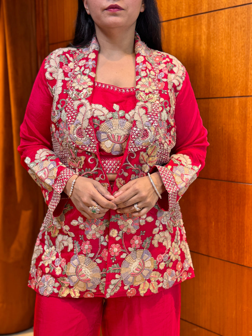 Red Floral Chinon Heavy Coord set with Hand Embroidered Bustier, Jacket and straight pants