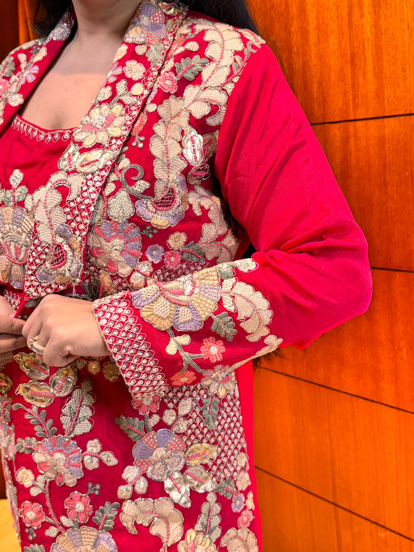 Red Floral Chinon Heavy Coord set with Hand Embroidered Bustier, Jacket and straight pants