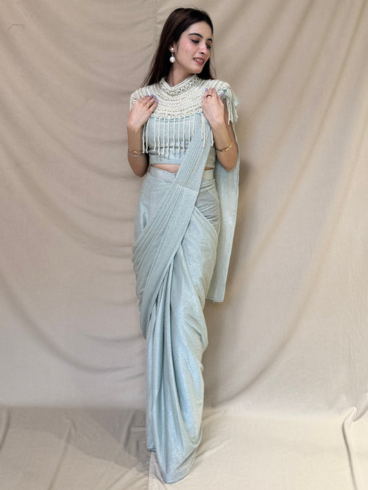 Ice Blue Shimmery Drape Saree With Pearl Cape