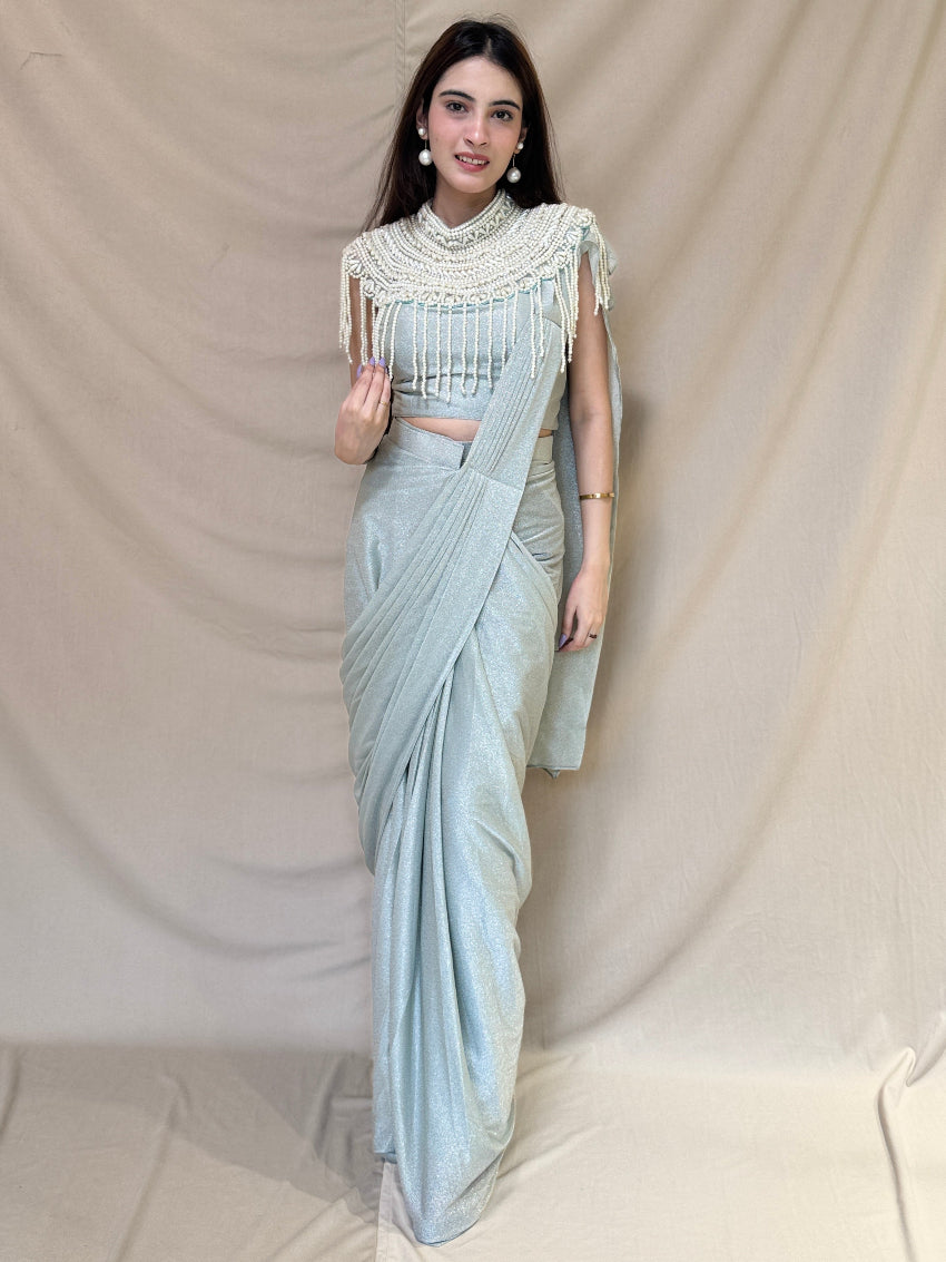 Ice Blue Shimmery Drape Saree With Pearl Cape
