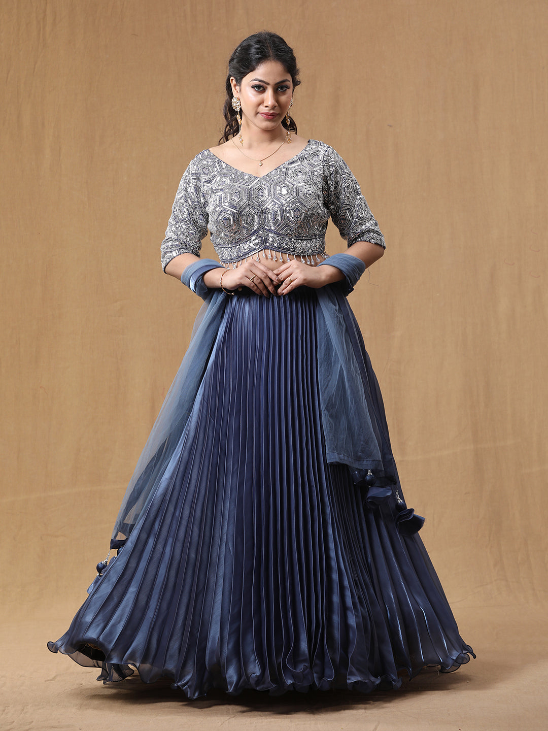 Ink Blue Organja Handwork Lehenga Choli