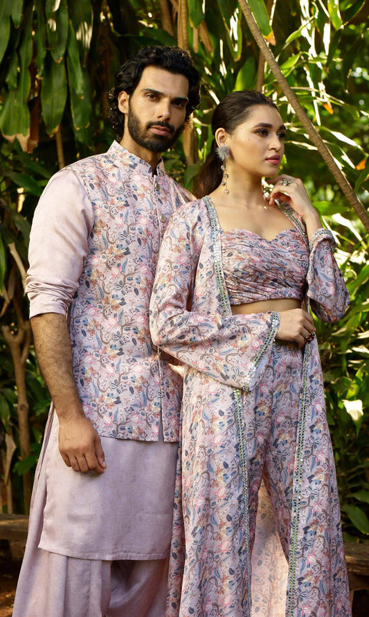Lavender Customised Matching Kurta Bundi with Plazo Shrug Dress