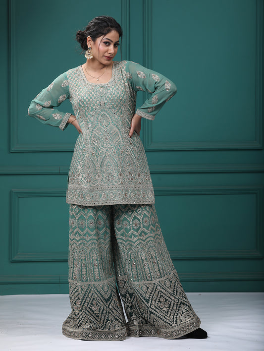 Light Green Georgette Resham Zari Sharara Suit