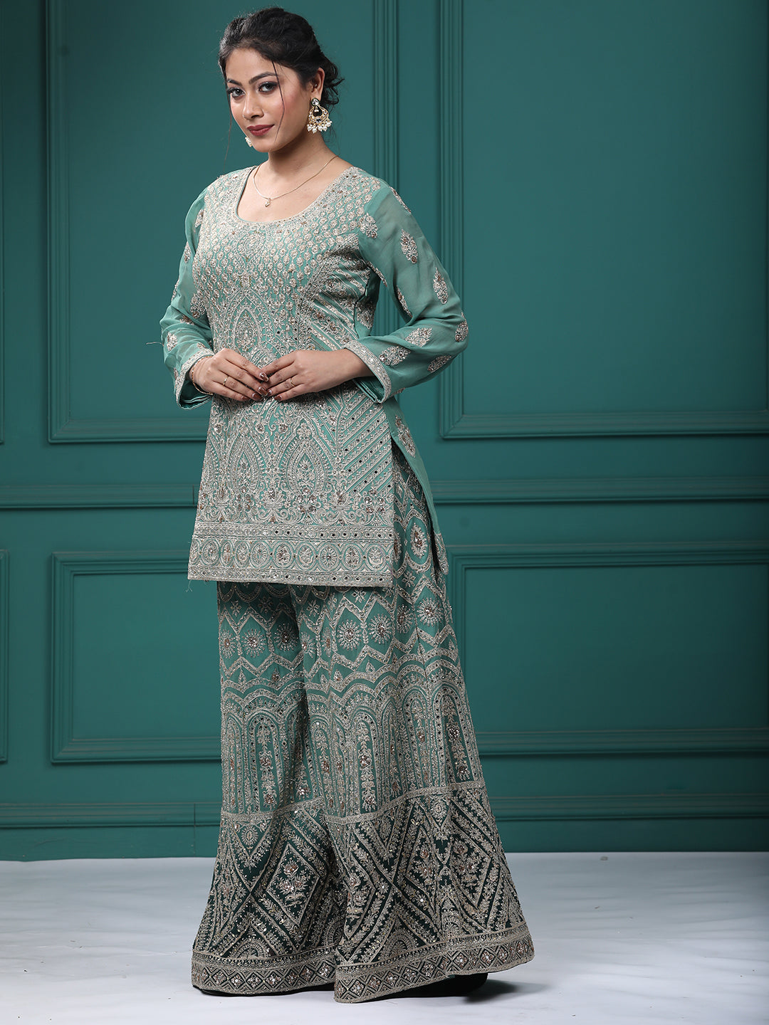 Light Green Georgette Resham Zari Sharara Suit