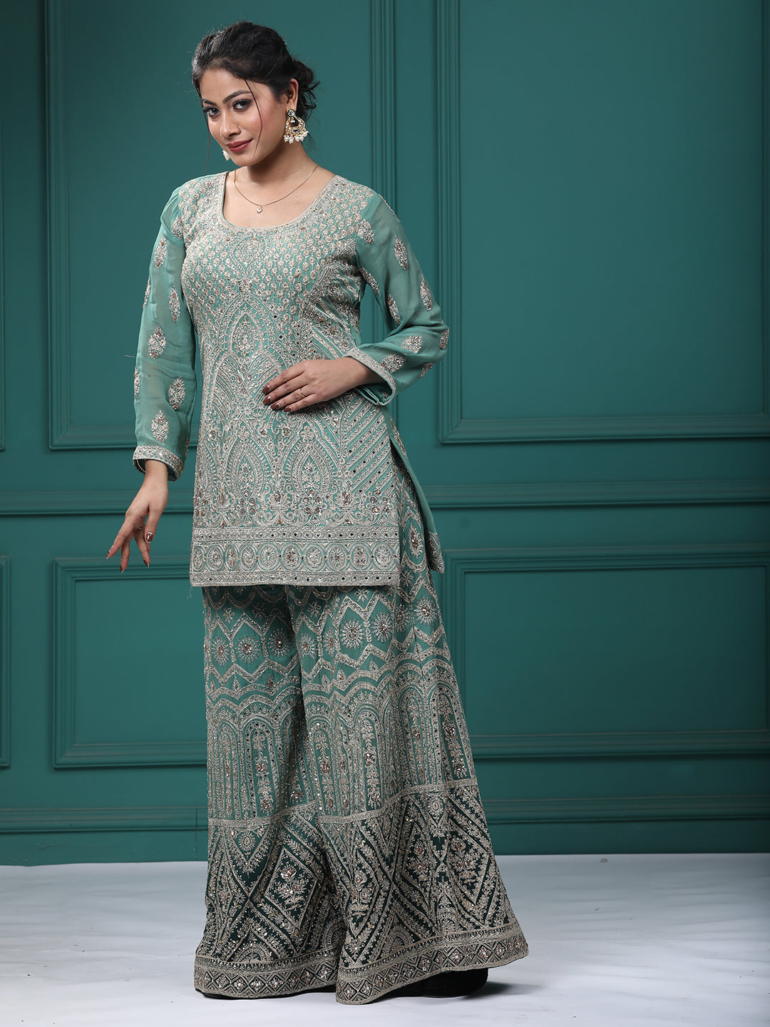 Light Green Georgette Resham Zari Sharara Suit