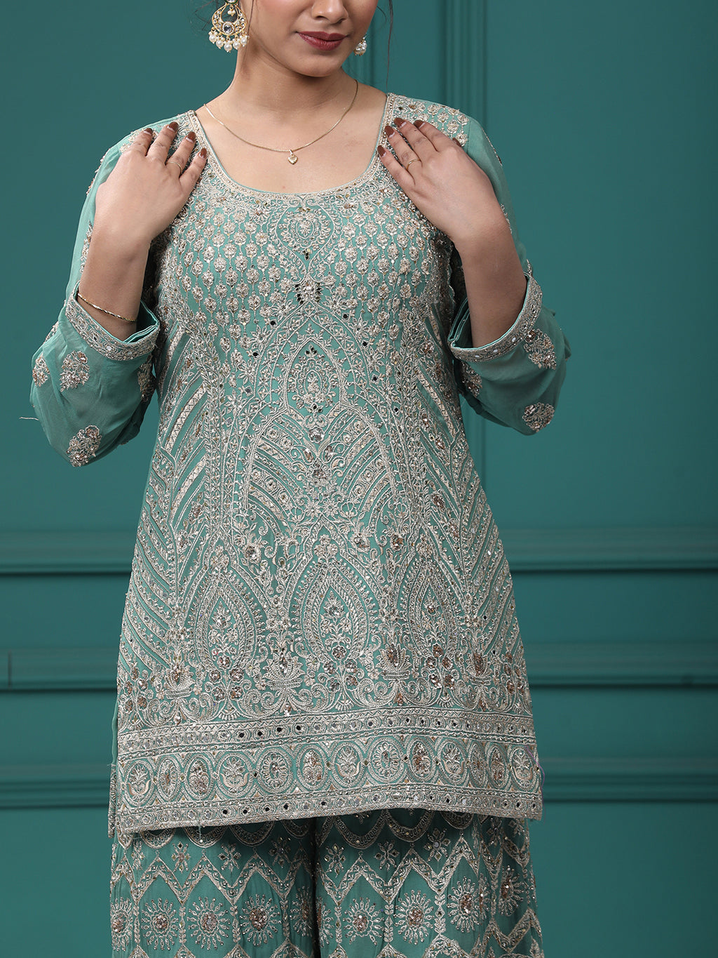 Light Green Georgette Resham Zari Sharara Suit