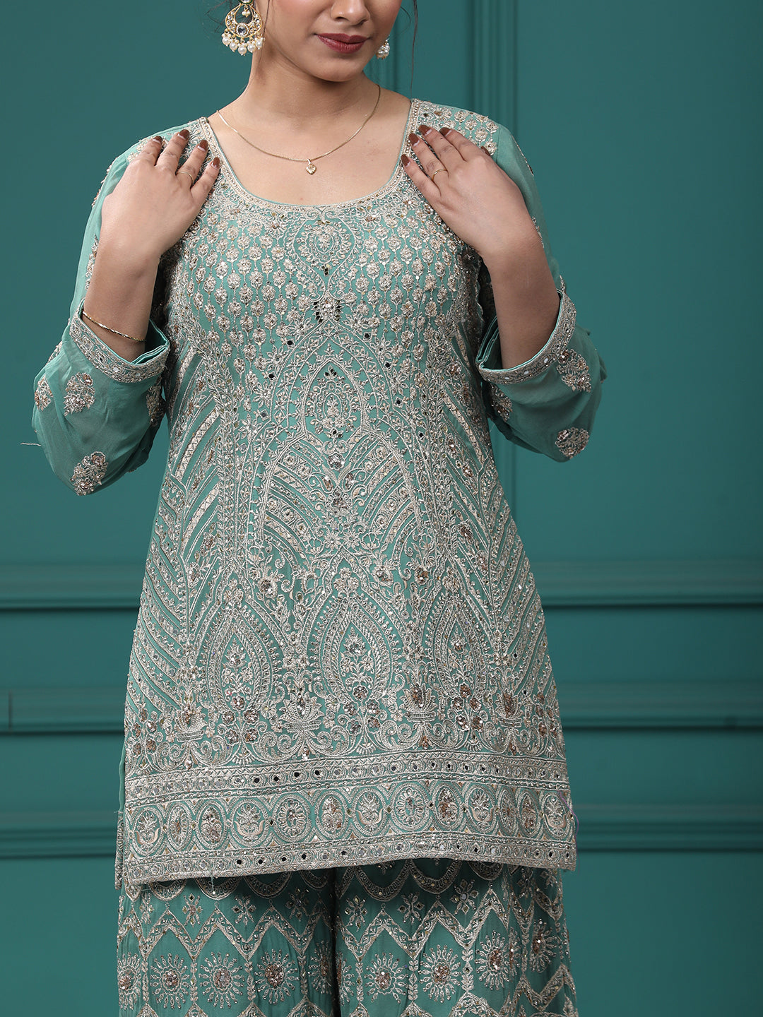 Light Green Georgette Resham Zari Sharara Suit